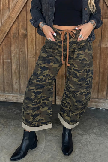 Camouflage Print Retro Grommet Tie Waist Loose Jeans – Multicolour