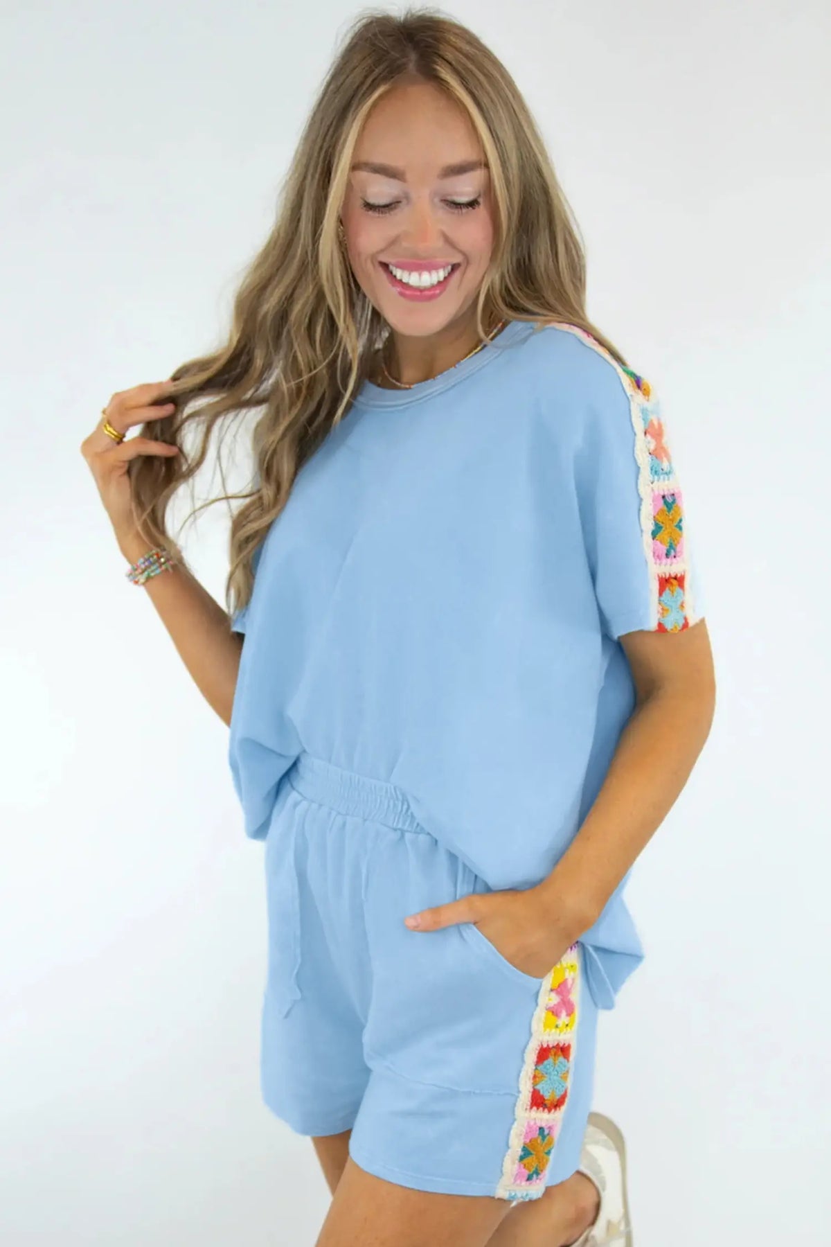 Mist Blue Granny Square Crochet Detail Short 2pcs Set – Light Blue
