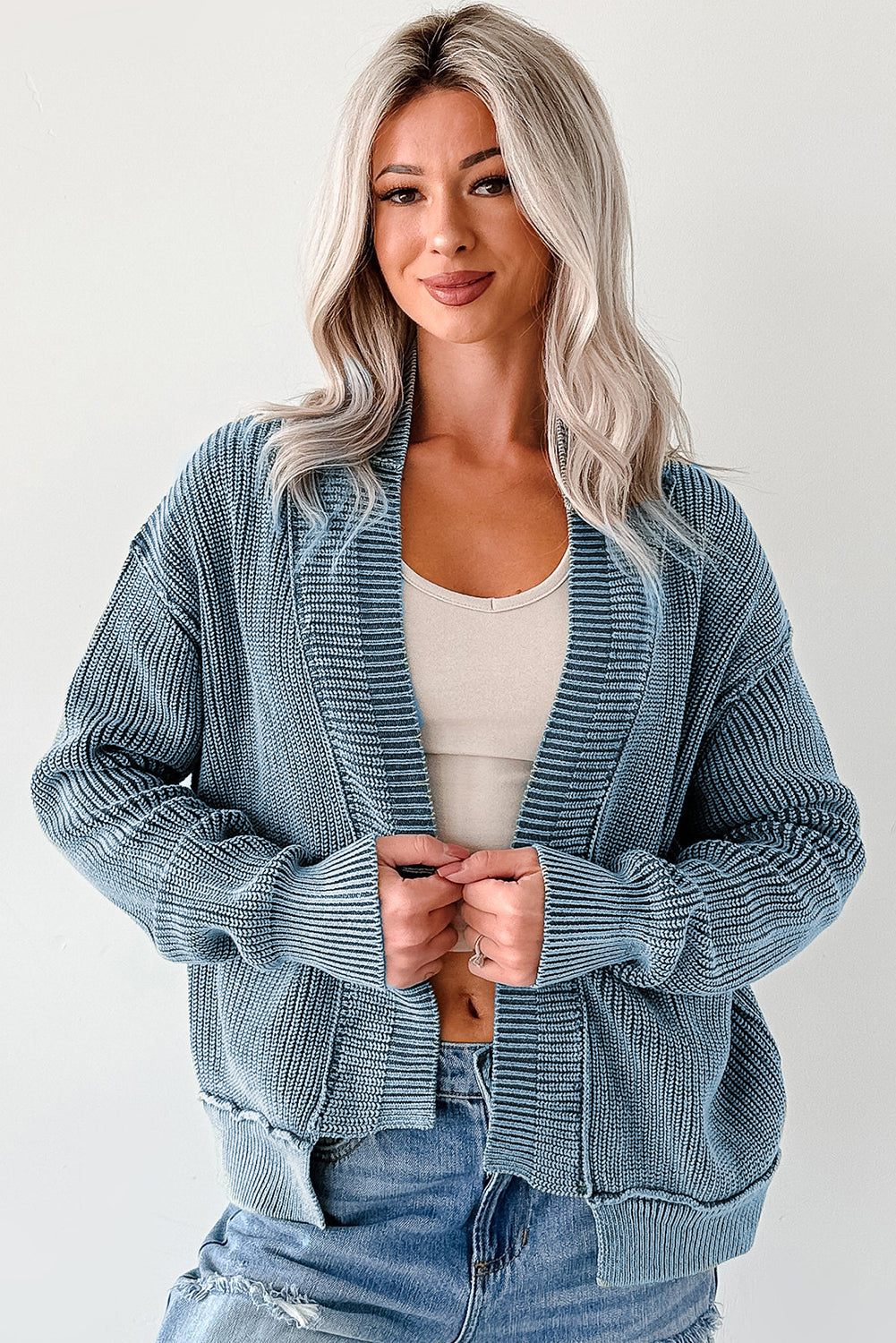 Mineral Wash Exposed Seam Patchwork Knit Open Sweater Cardigan - eAura
