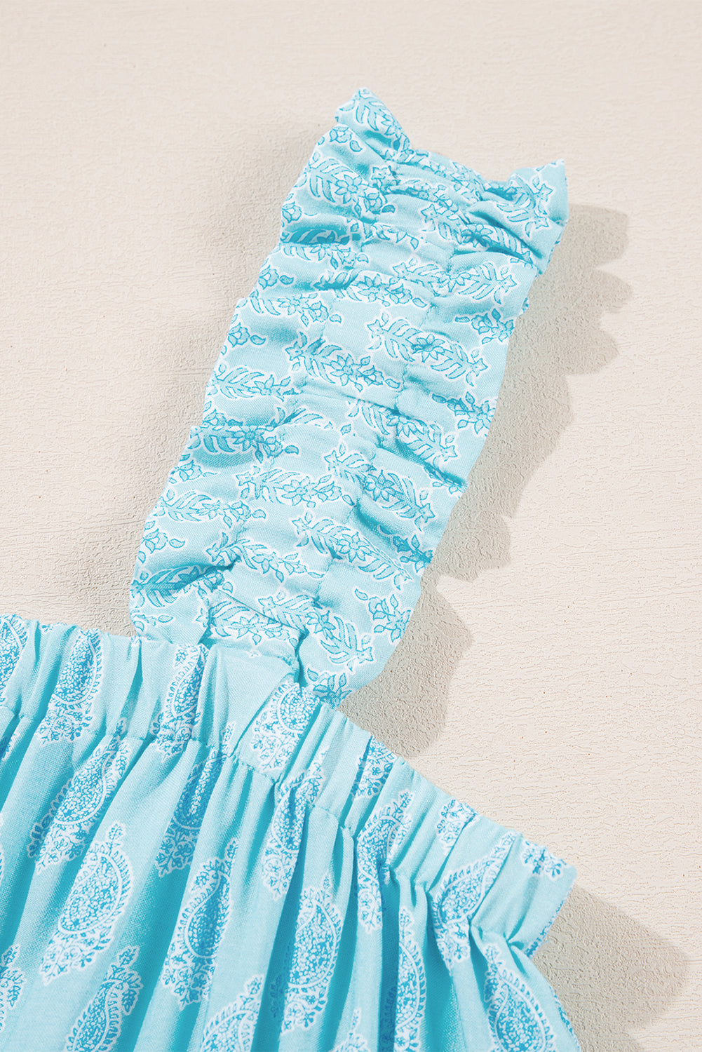 Sky Blue Tribal Pattern Print Ruffled Wide Straps Loose Tank Top eAura