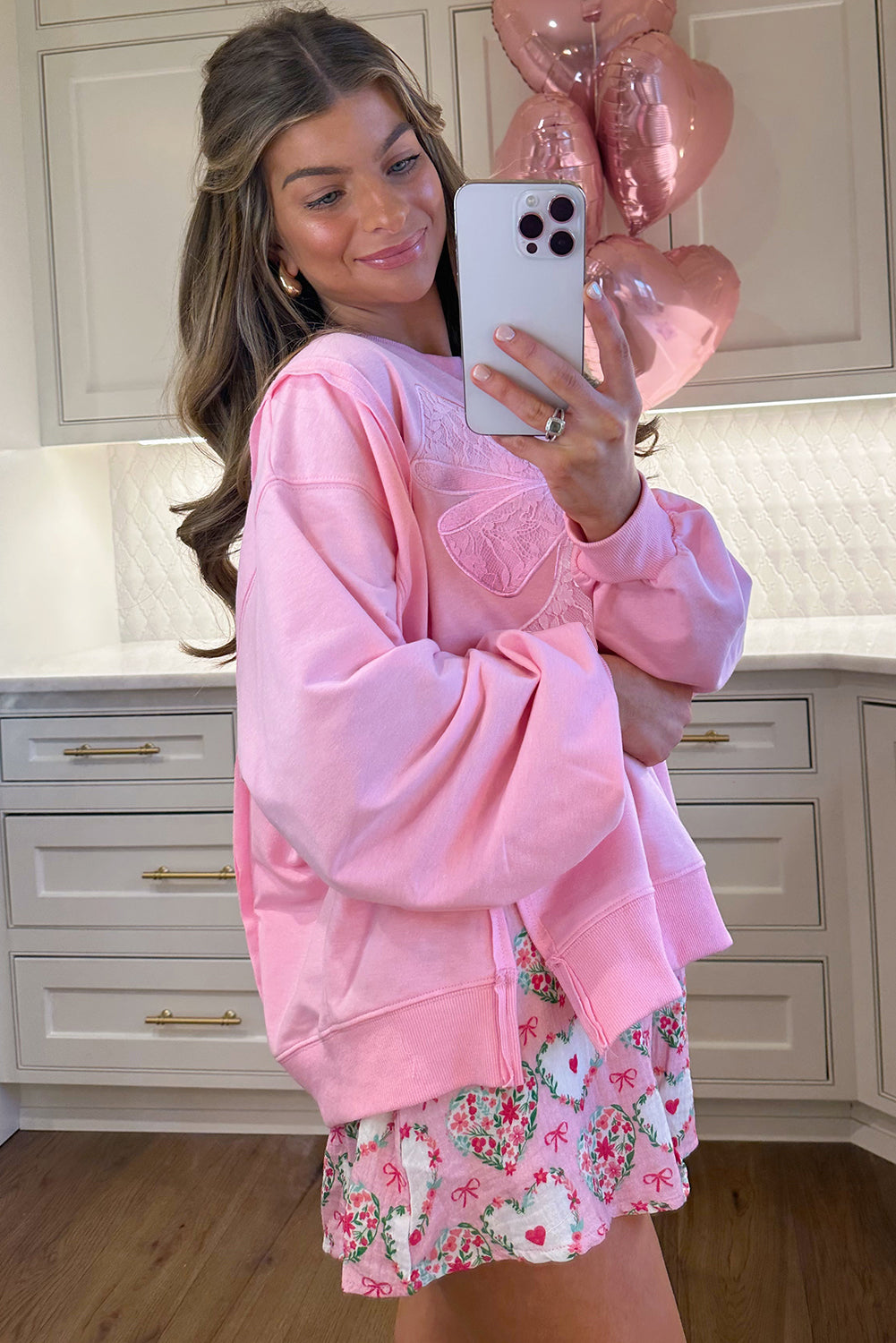 Lace Insert Bow Embroidered Exposed Seam Sweatshirt - eAura