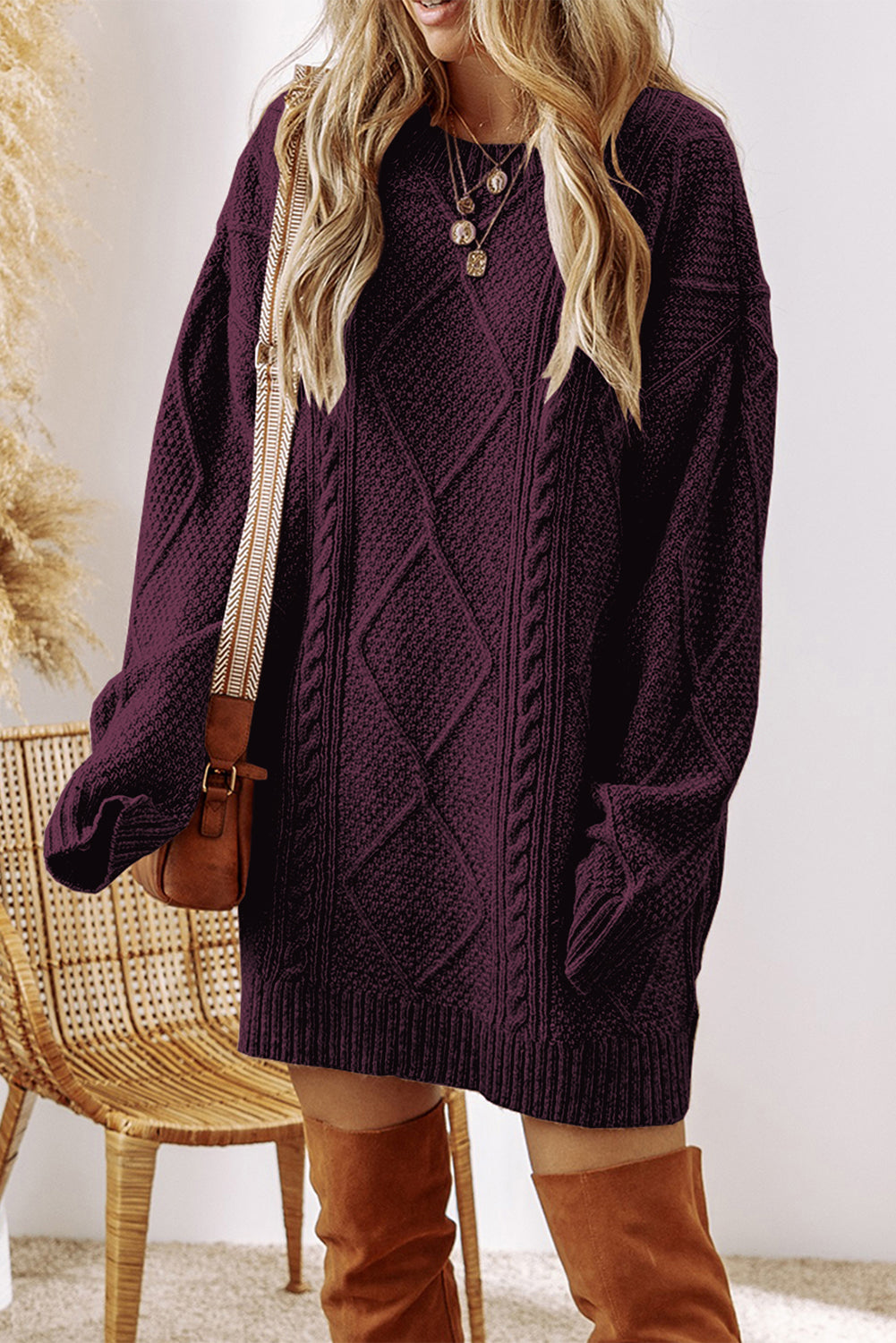 Cable Knit Drop Shoulder Sweater Dress – Brown, Black, Green, Beige & Burgundy