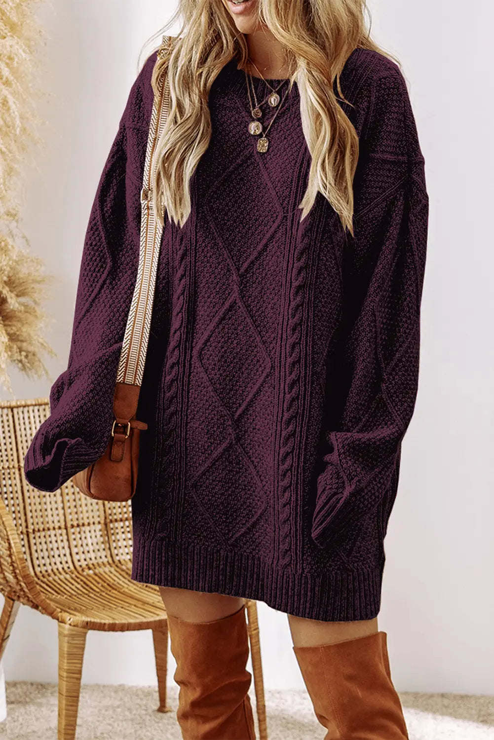 Cable Knit Drop Shoulder Sweater Dress