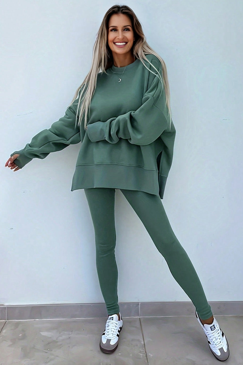 Oversize Slit Sweatshirt and Ribbed Leggings Co-ord Set - eAura