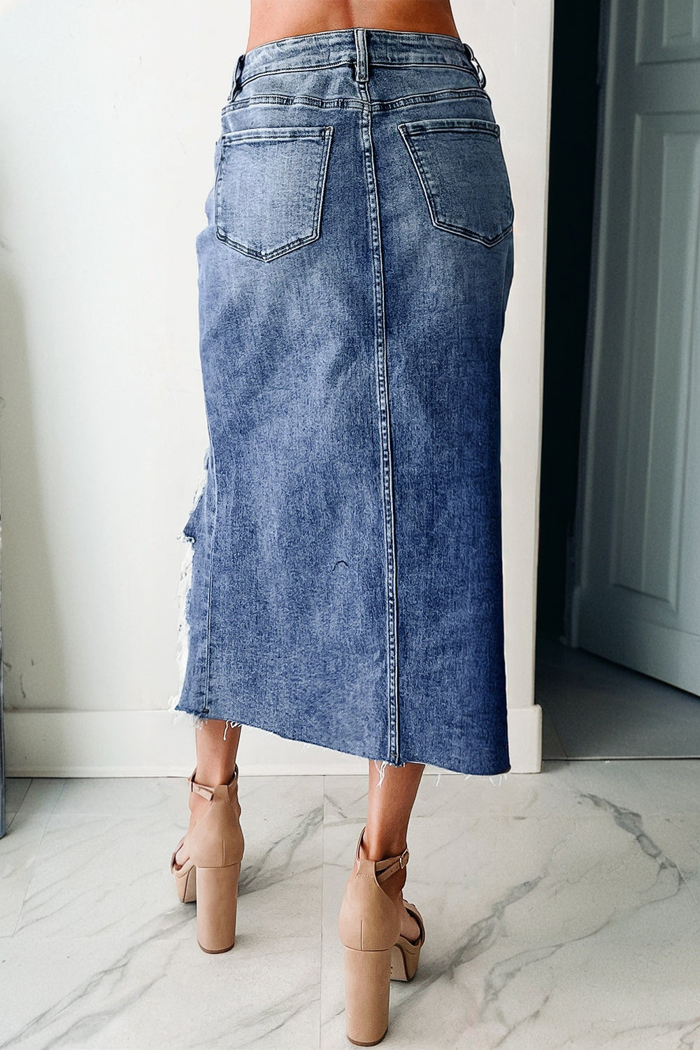 Irregular Distressed Bottom Denim Midi Skirt