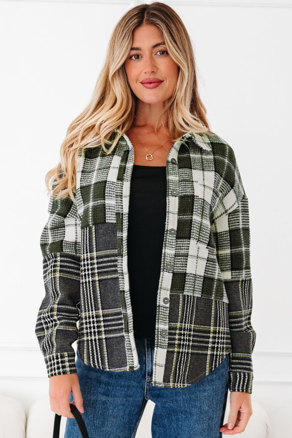 Plaid Print Textured Buttoned Shacket - eAura