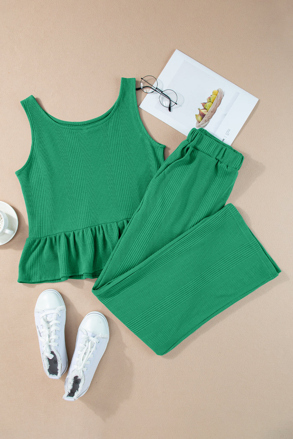 Green Solid Colour Ribbed Ruffle Tank Top and Trousers Set eAura