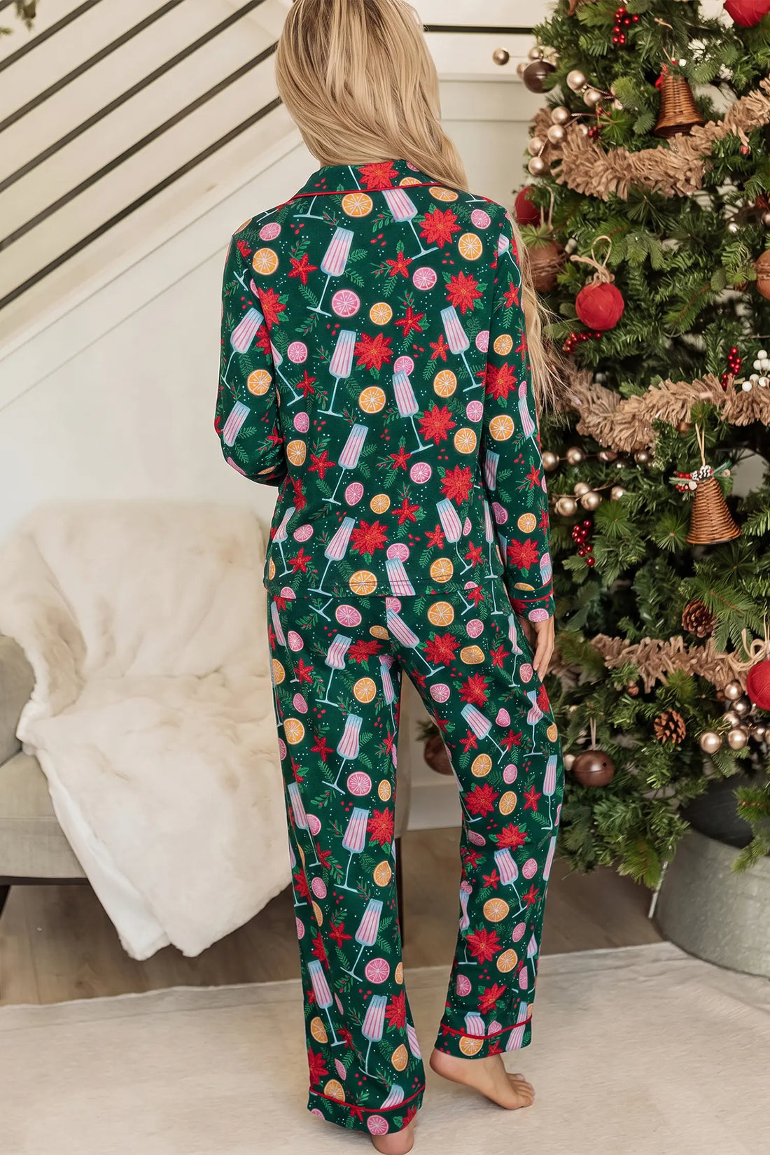 Holiday Print Pocket Detail Long Sleeve Collar Lounge Set