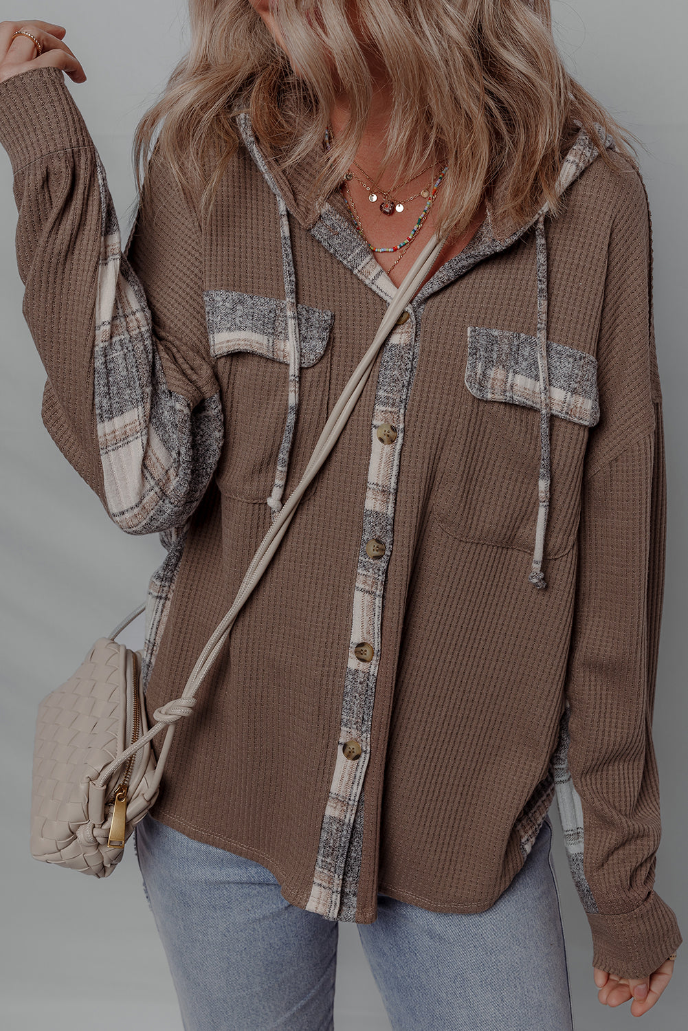 Plaid Patchwork Button Down Drawstring Hooded Shacket - eAura