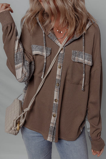 Plaid Patchwork Button Down Drawstring Hooded Shacket - eAura