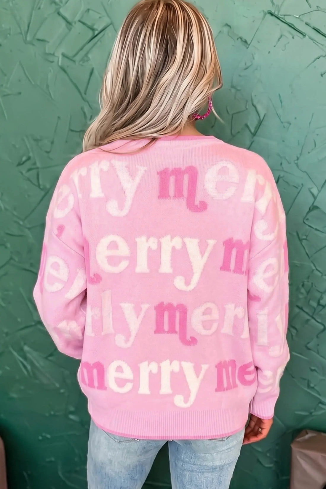 All Over Merry Me Graphic Round Neck Knit Sweater