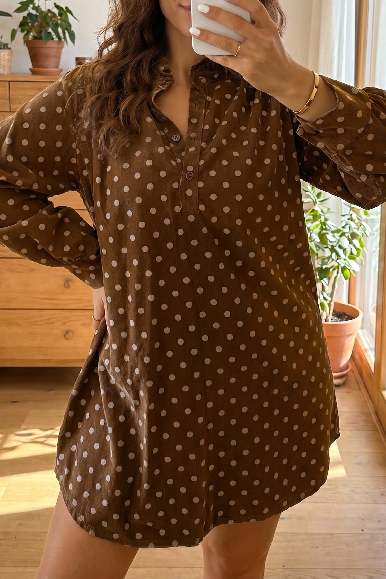 Polka Dot V Neck Long Sleeve Button Shift Dress – Brown
