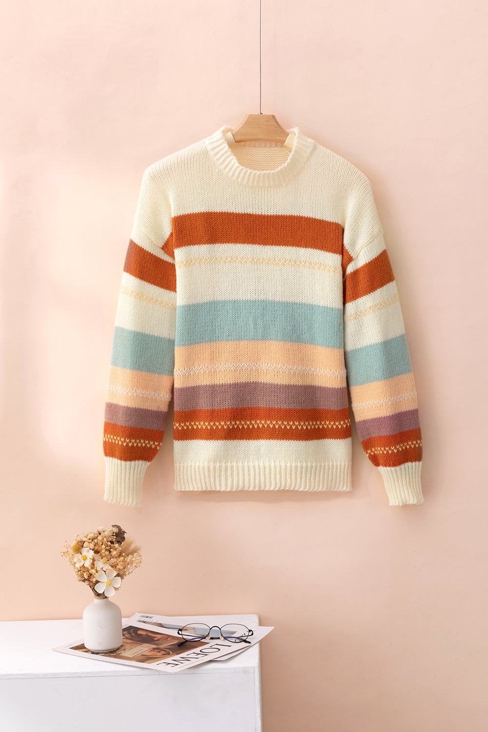 Crew Neck Drop-shoulder Striped Colour Block Sweater eAura
