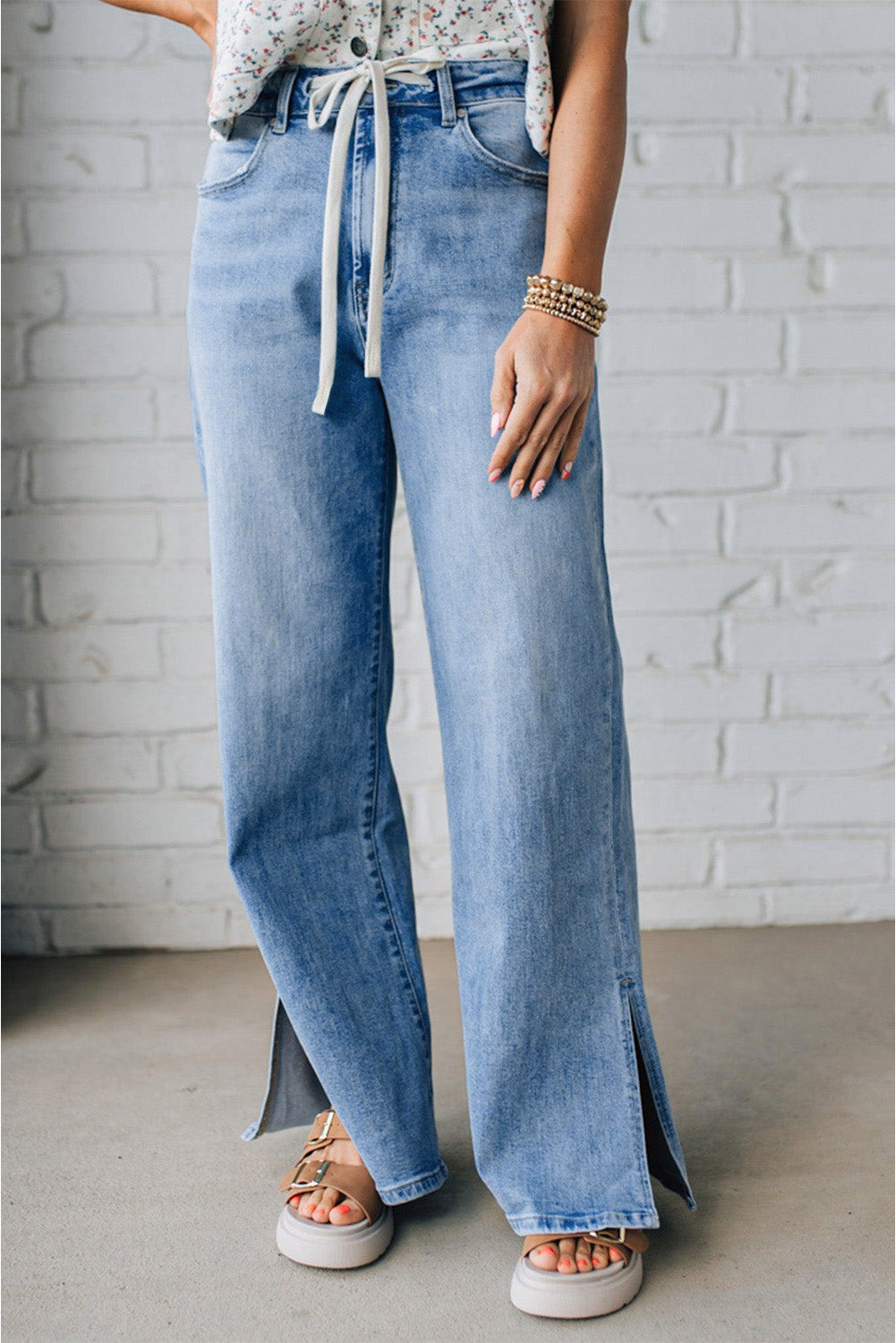 Slit Leg High Rise Drawstring Casual Jeans - eAura