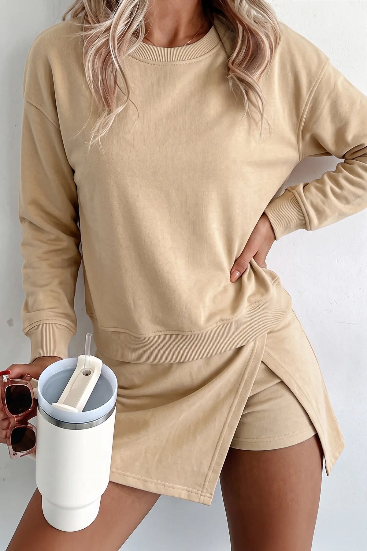 Solid Colour Long Sleeve Top Split Skort 2pcs Outfit – Parchment