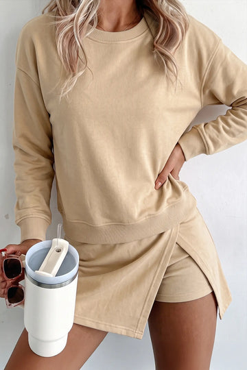 Solid Colour Long Sleeve Top Split Skort 2pcs Outfit – Parchment