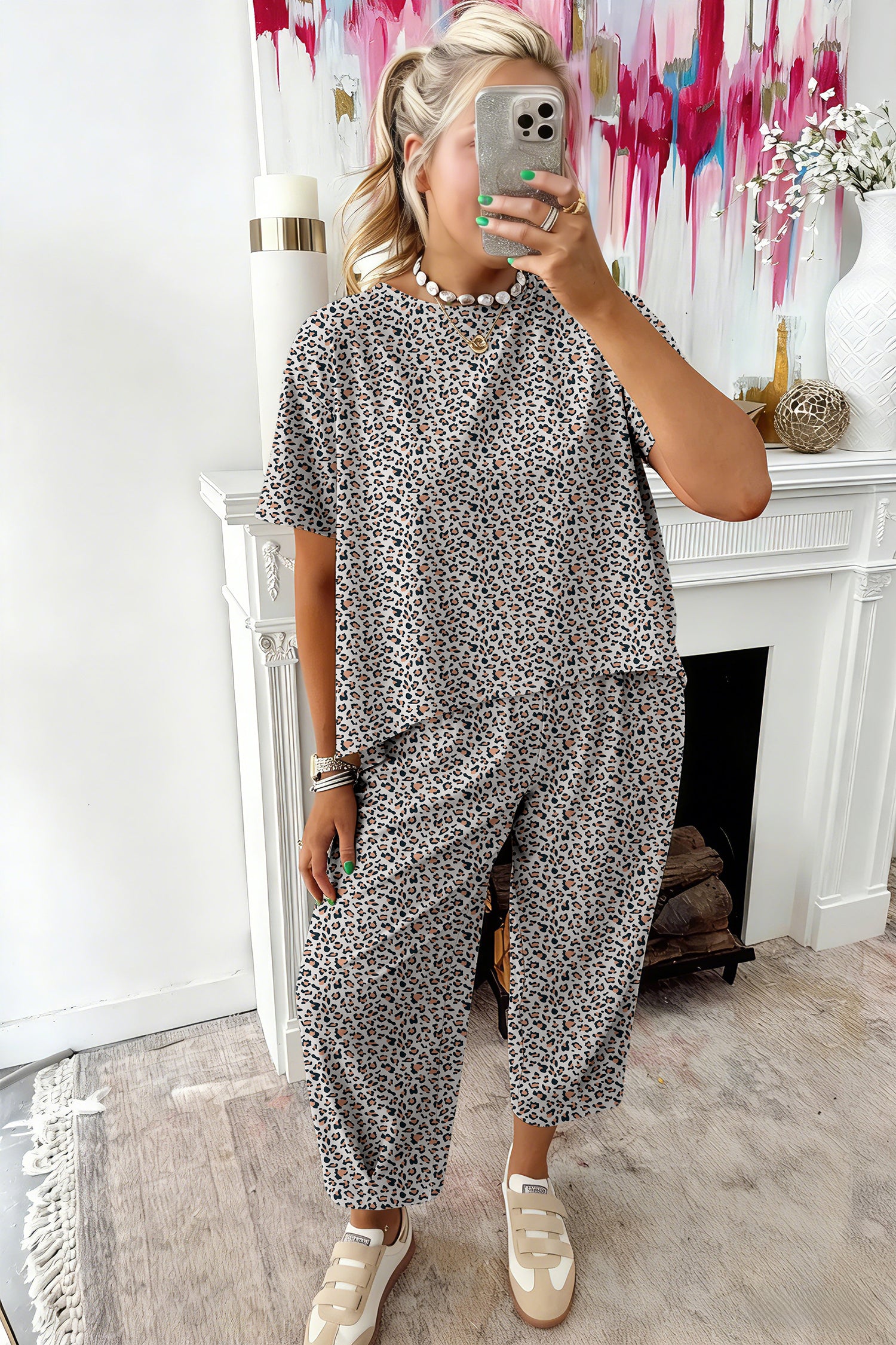 Leopard Print High-Low Tee & Wide Leg Pants Set – Brown