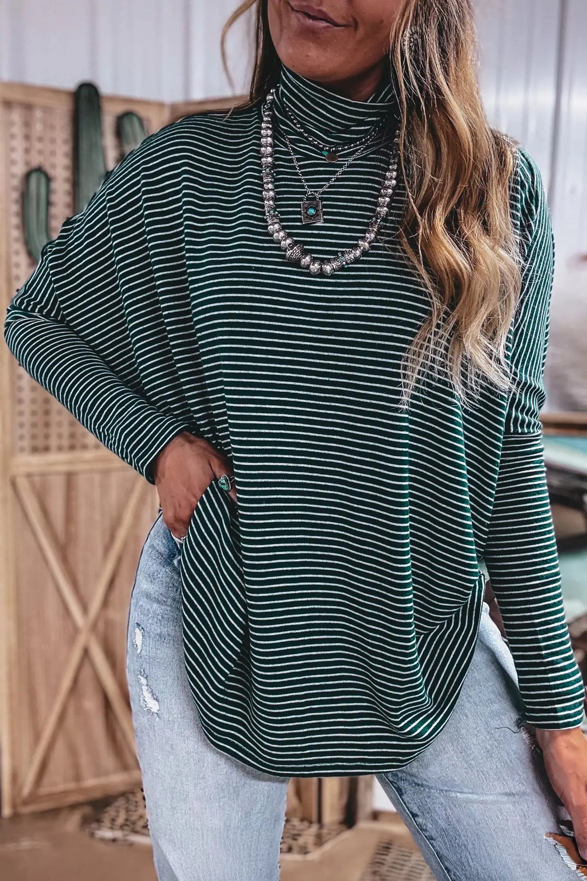 High Neck Dropped Shoulder Long Sleeve Casual Top – Green Stripe