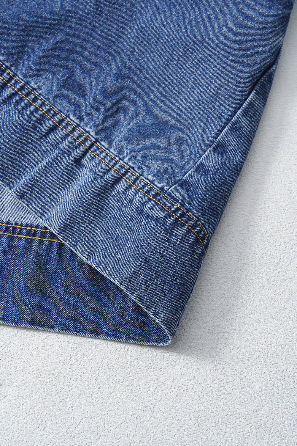 Blue Short Sleeve Collared Patched Pocket Denim Mini Dress eAura