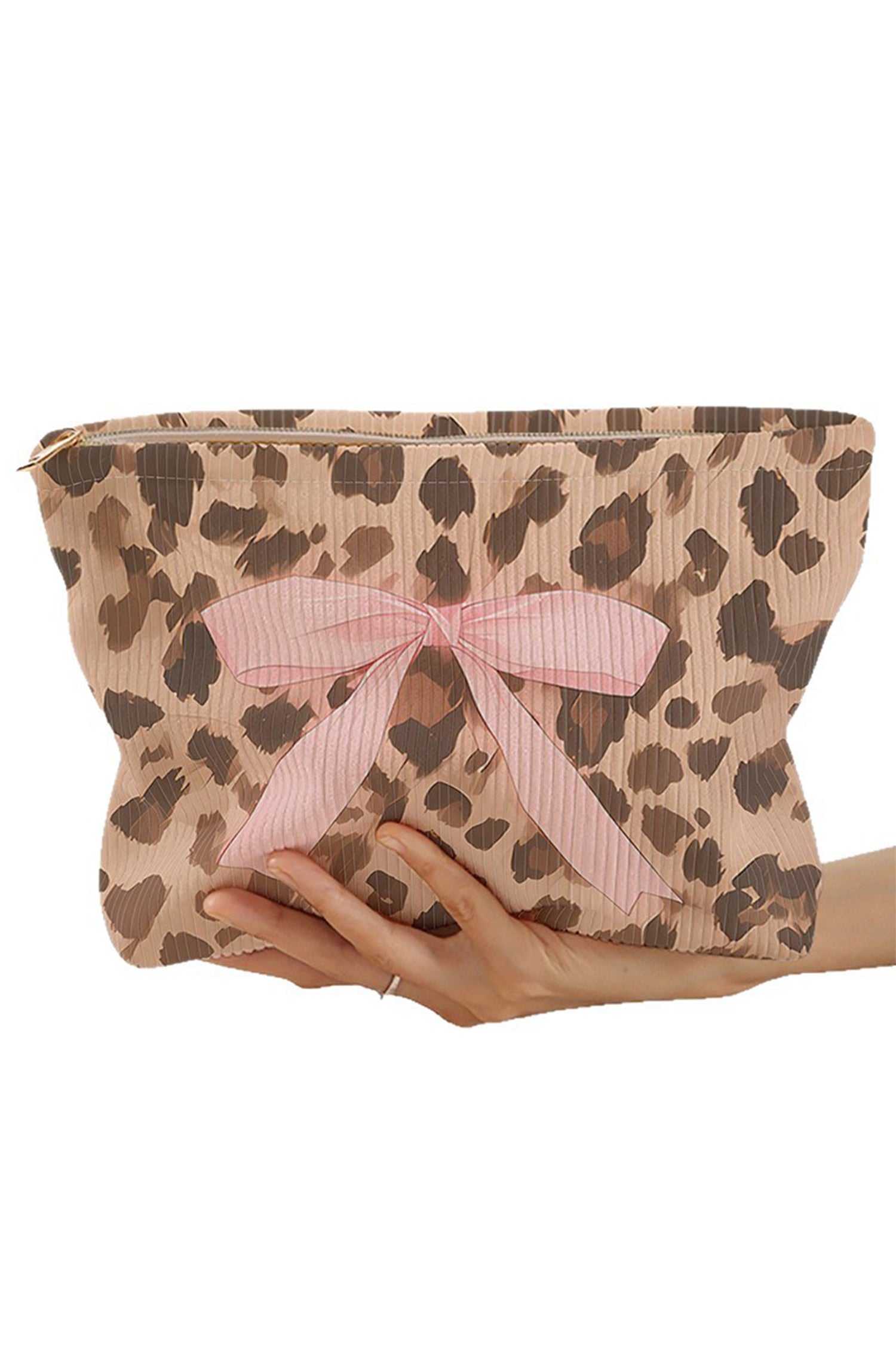 Camel Leopard Print Ribbon Bow Makeup Bag
