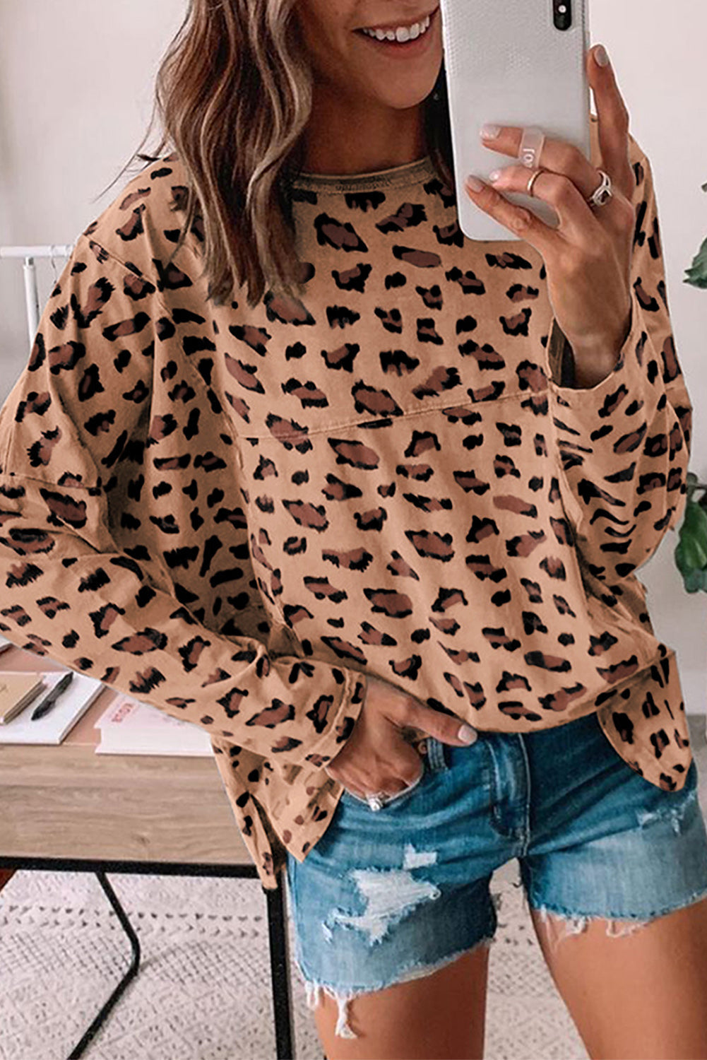 Brown Animal Print Stitching Loose Long Sleeve Top eAura