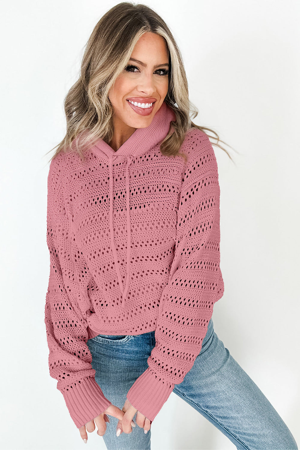 Peach Blossom Pointelle Knit Raglan Sleeve Hooded Sweater eAura