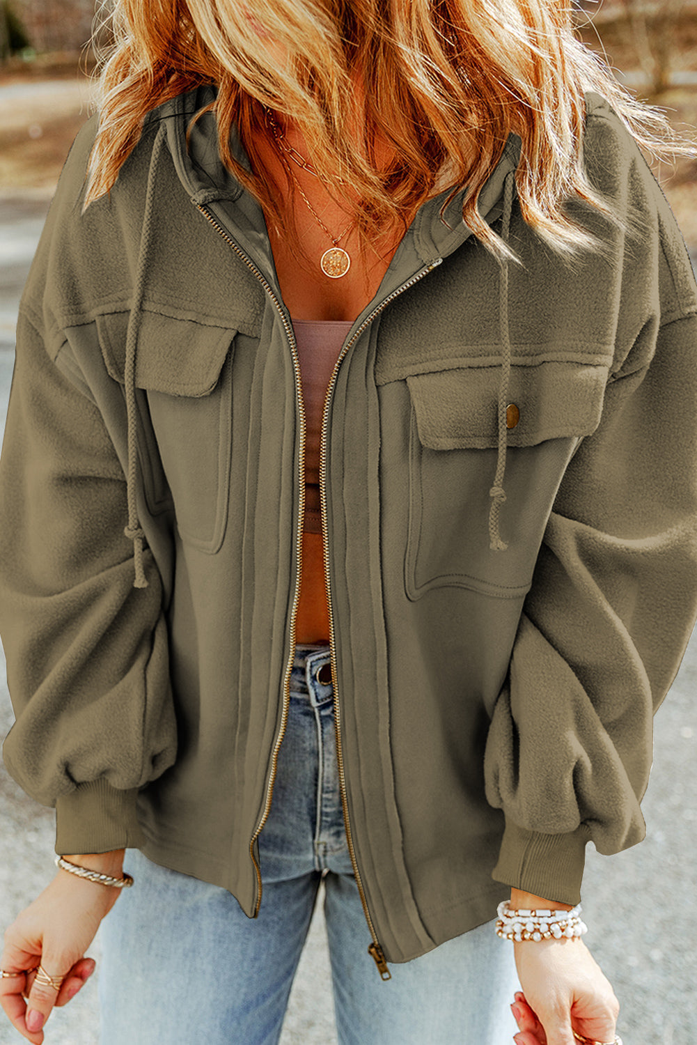 Flap Pocket Drawstring Hood Zip Up Jacket Beagle Boutique Fashion Outlet