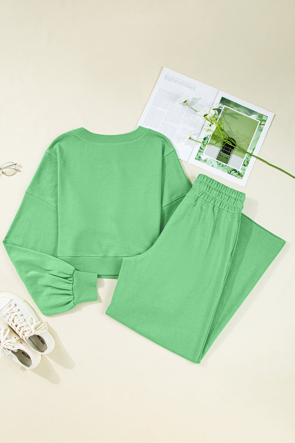 Drop Shoulder Puff Sleeve Crop Pullover and Drawstring Wide Leg Trousers Co-ord Set eAura