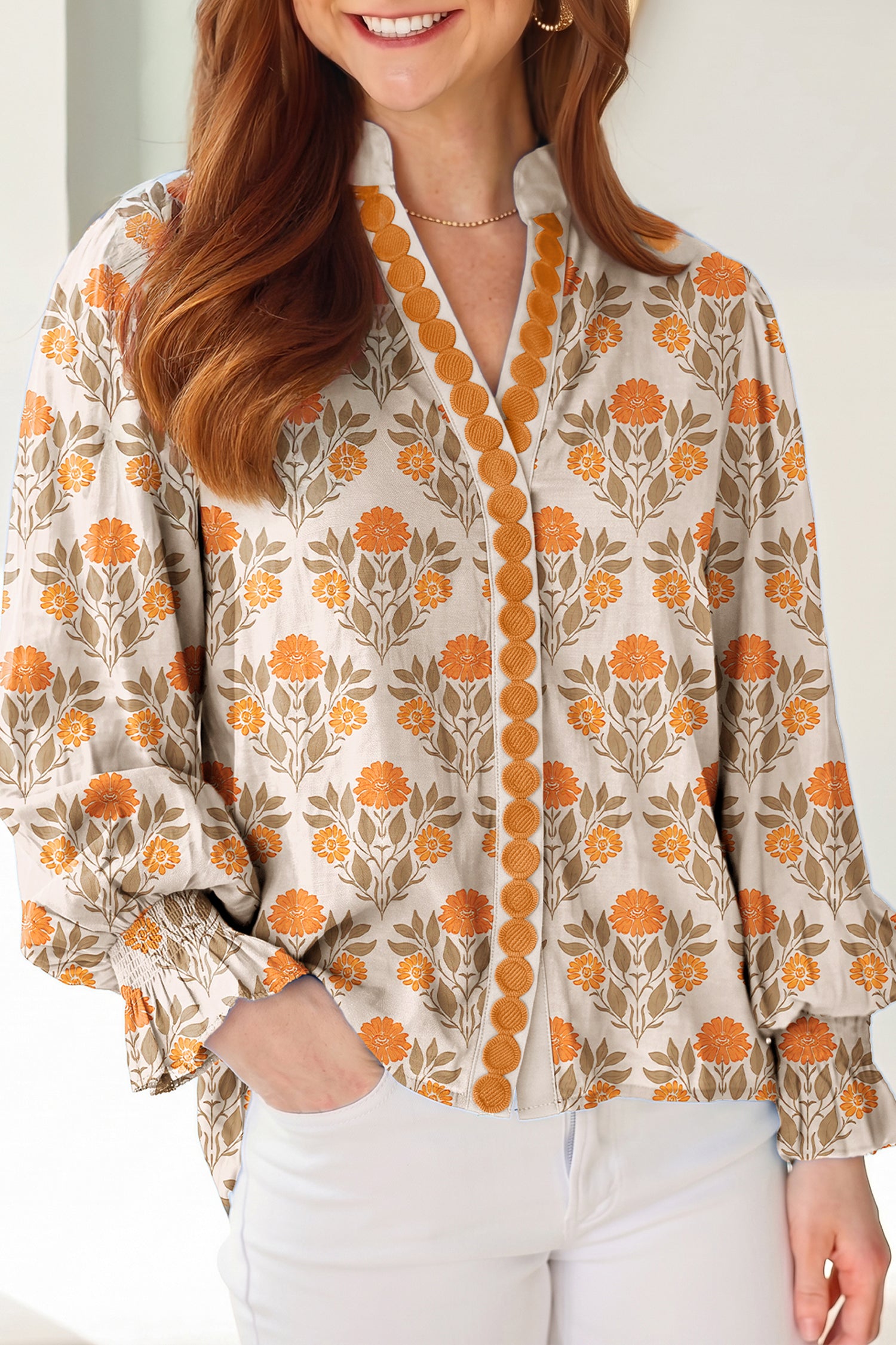 Floral Print Contrast Detail V Neck Long Sleeve Blouse – Orange