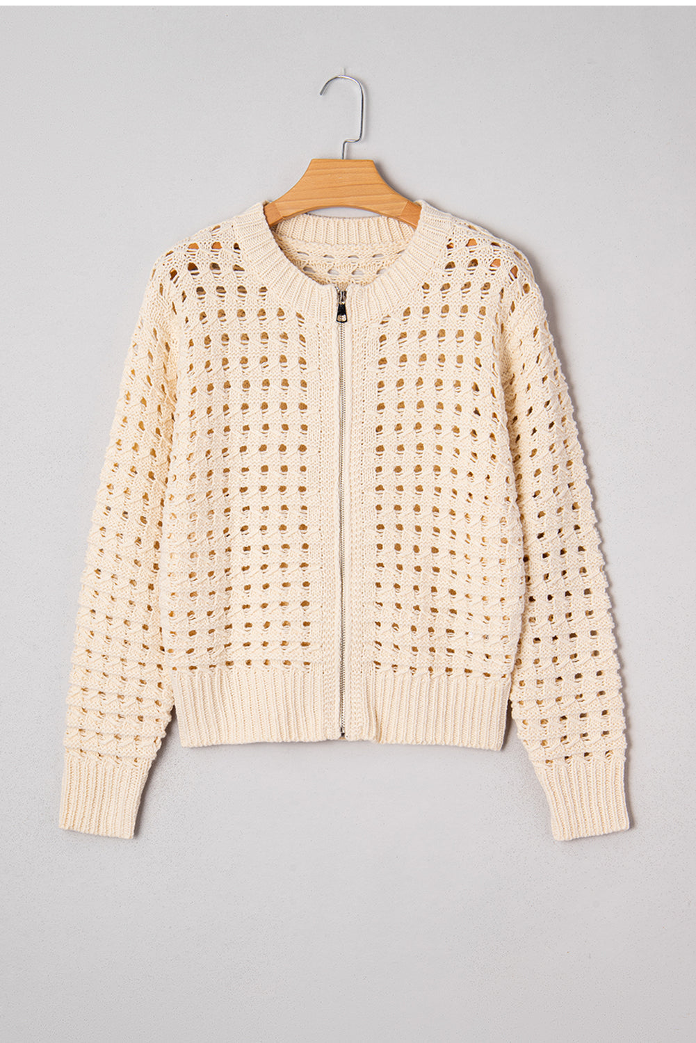 Beige Hollowed Knit Zip-Up Drop Shoulder Cardigan - eAura