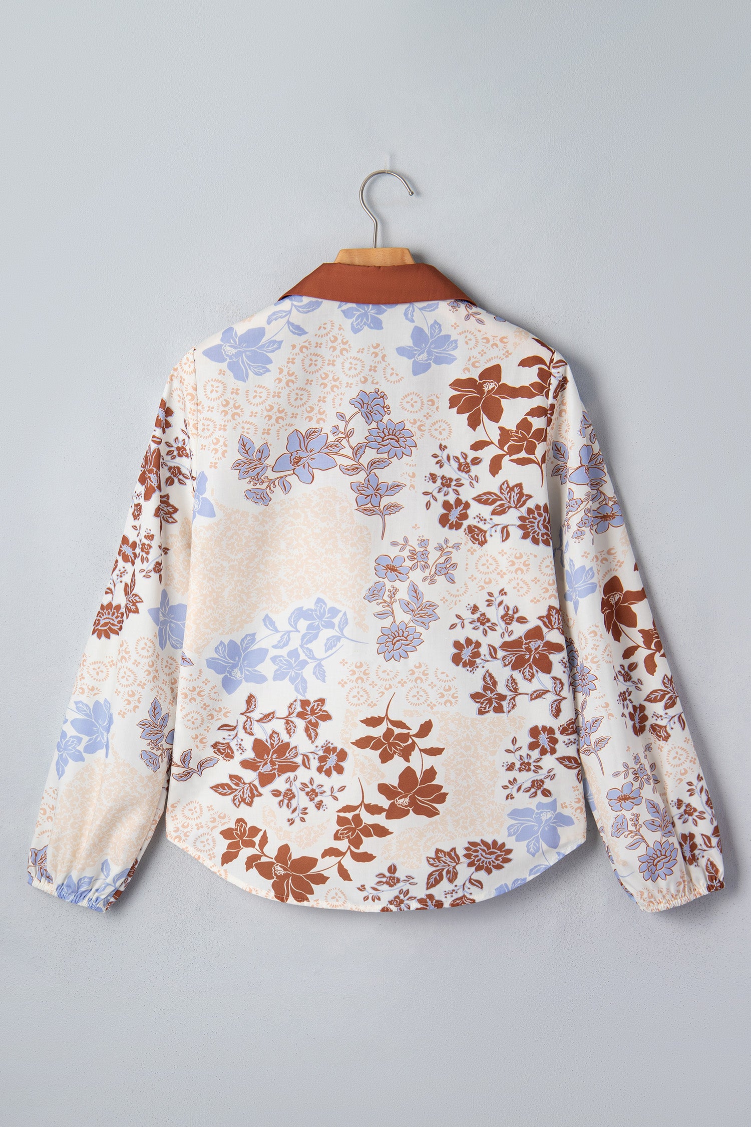 Floral Print Colorblock V Neck Long Sleeve Blouse – White