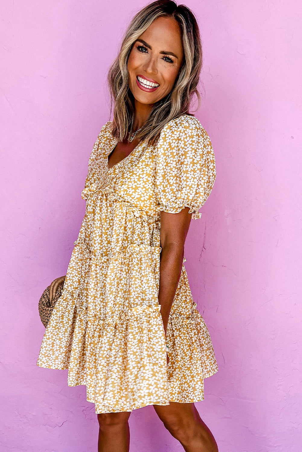 Yellow Floral Short Sleeve V Neck Frilly Tiered Mini Dress eAura
