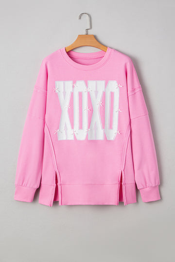 Sequin XOXO Letter Graphic Exposed Seam Oversized Sweatshirt - Tops/Sweatshirts & Hoodies