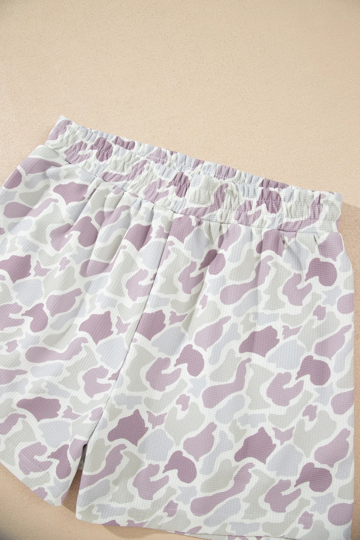 Camouflage Waffle Knit Long Sleeve Top Casual Shorts Set – Green