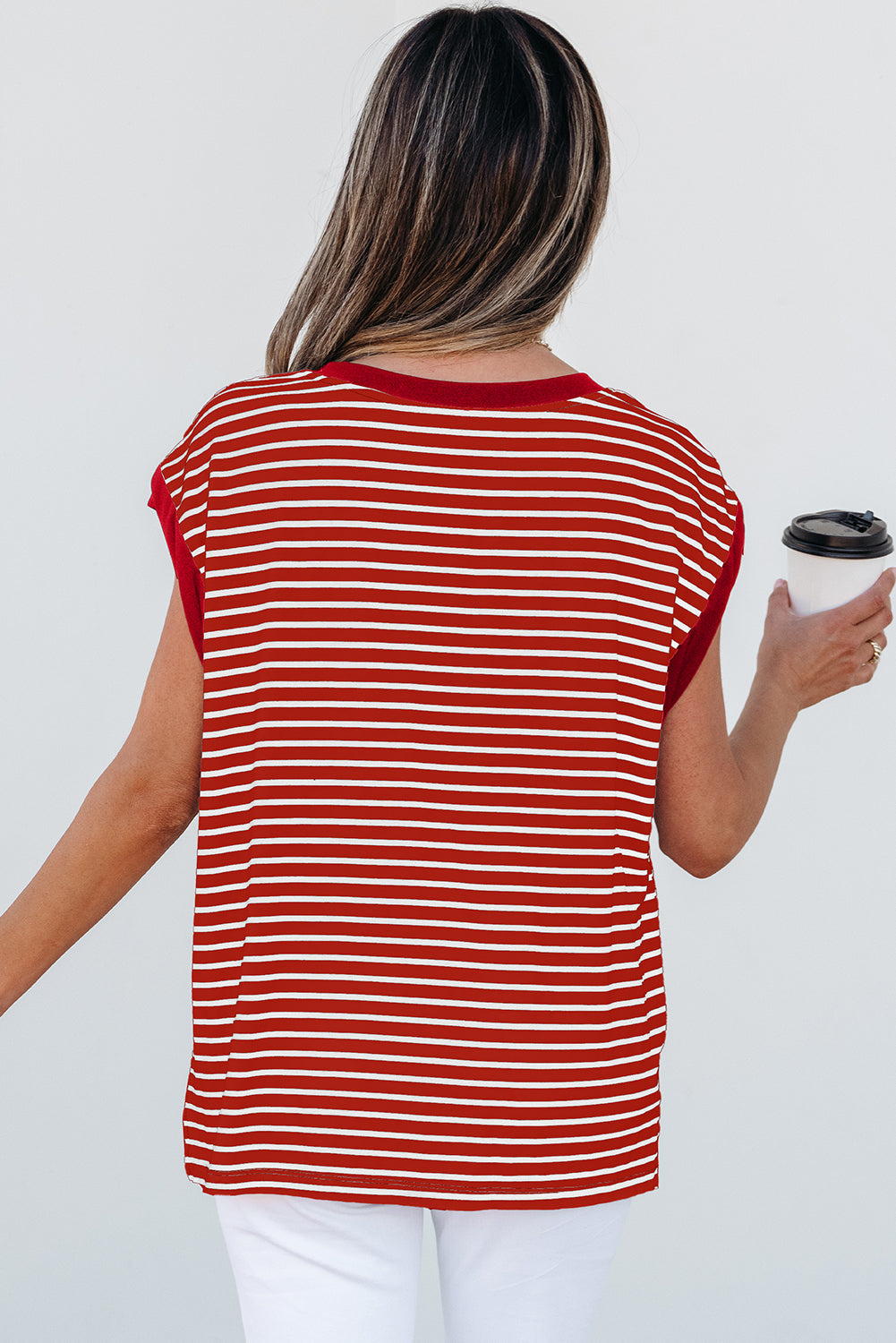 Red Stripe Chest Pocket Patch Round Neck Tank Top eAura