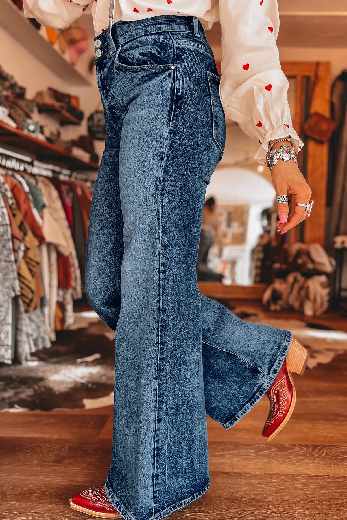 Acid Wash Pocket Detail Flare Jeans – Sail Blue