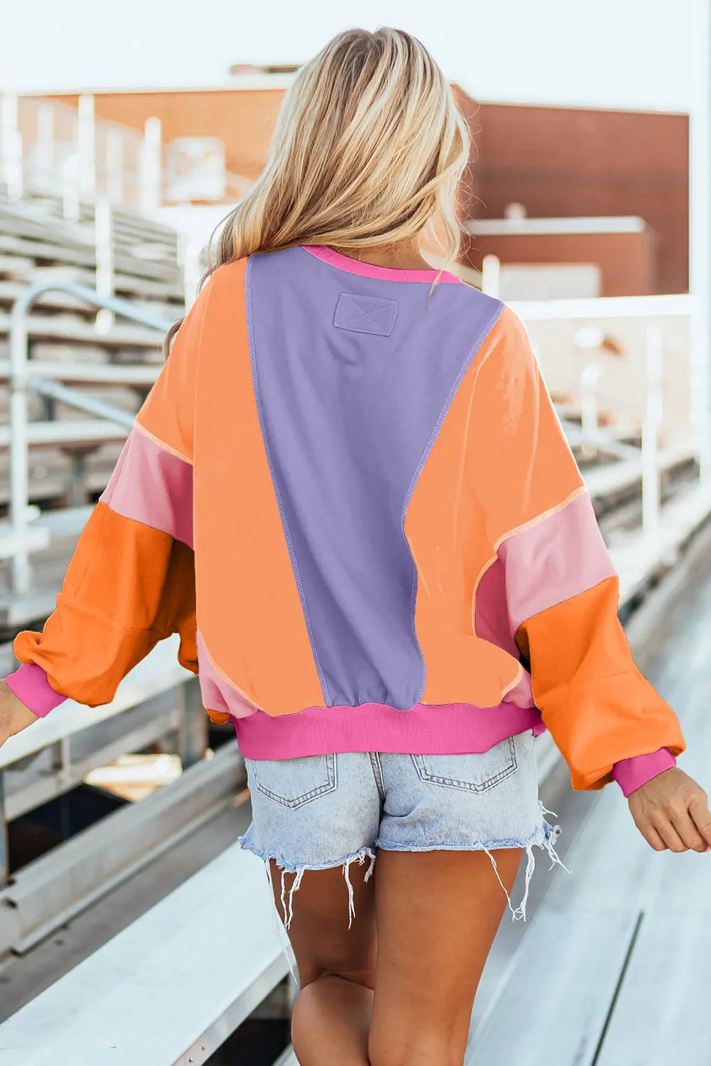 Grapefruit Orange Colourblock Patchwork Exposed Stitching Oversize Top - Sweaters & Cardigans/Sweaters