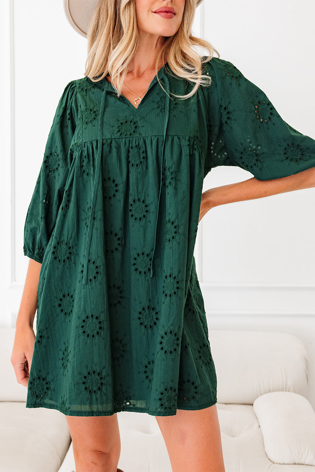 Embroidered Eyelet Pattern 3/4 Puffy Sleeve Swing Mini Dress - Dresses/Mini Dresses