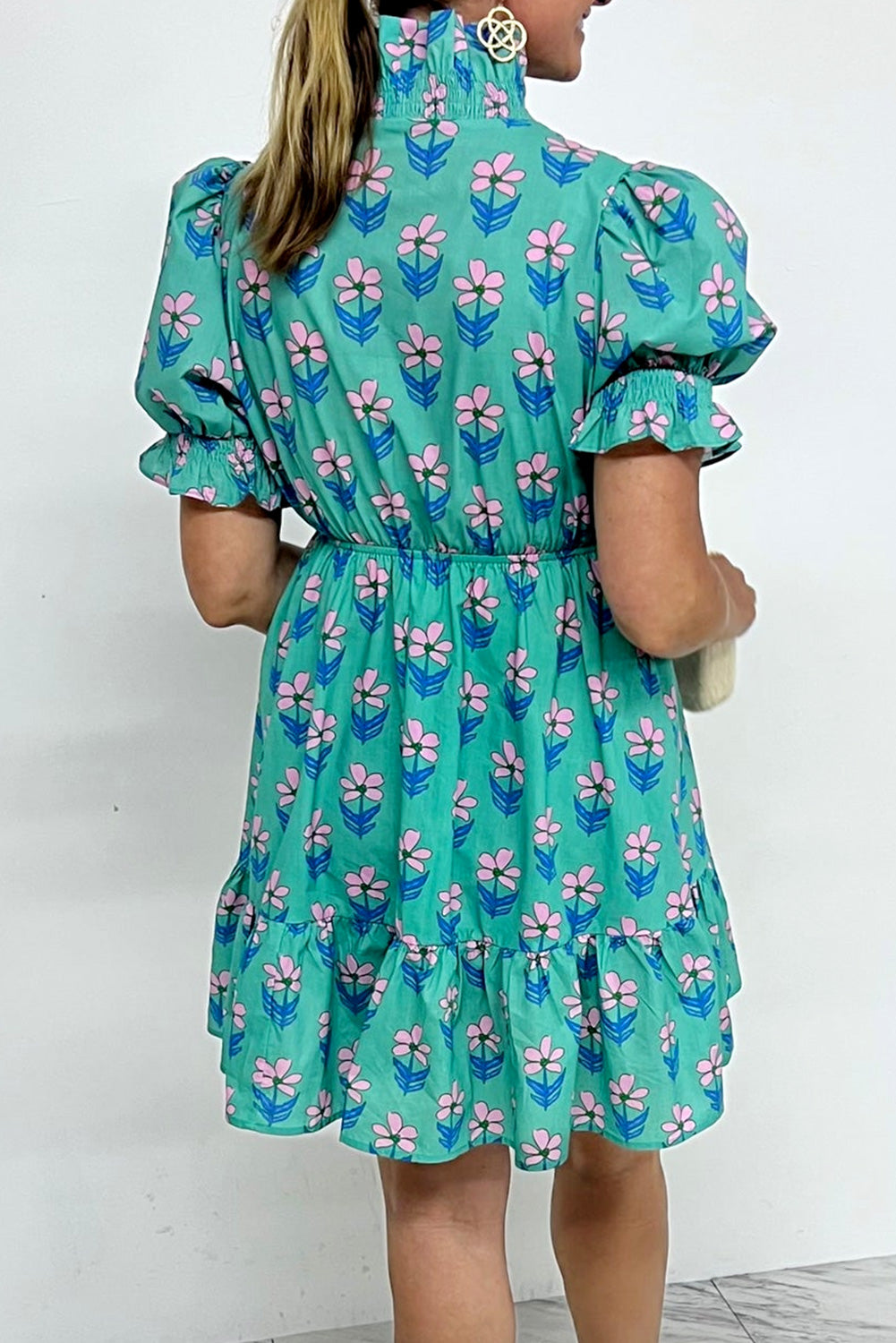 Green Floral Print Frilly Smocked Detail Mini Dress Dear-Lover Dropshipping