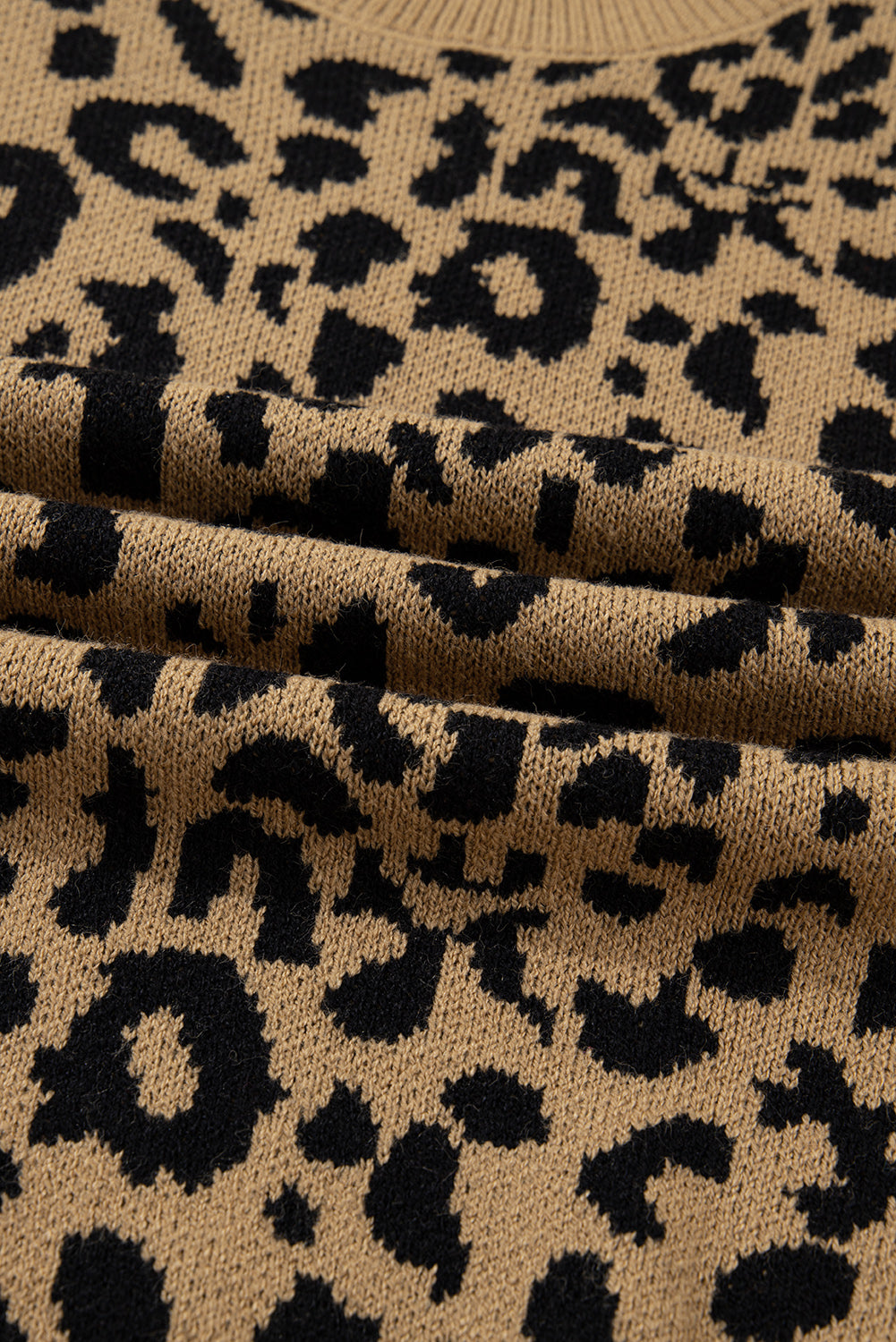 Beige Ribbed Trim Round Neck Leopard Drop Shoulder Sweater - eAura