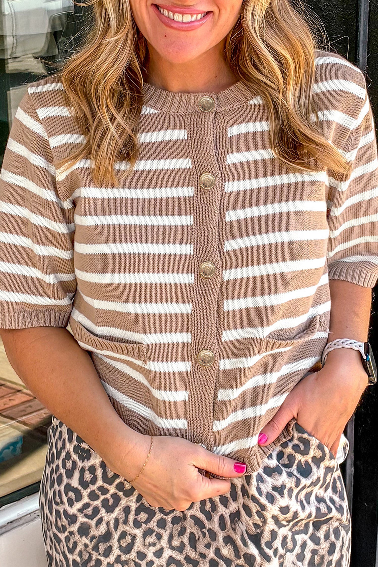 Button Down Short Sleeve Knit Plus Size Cardigan – Khaki Stripe
