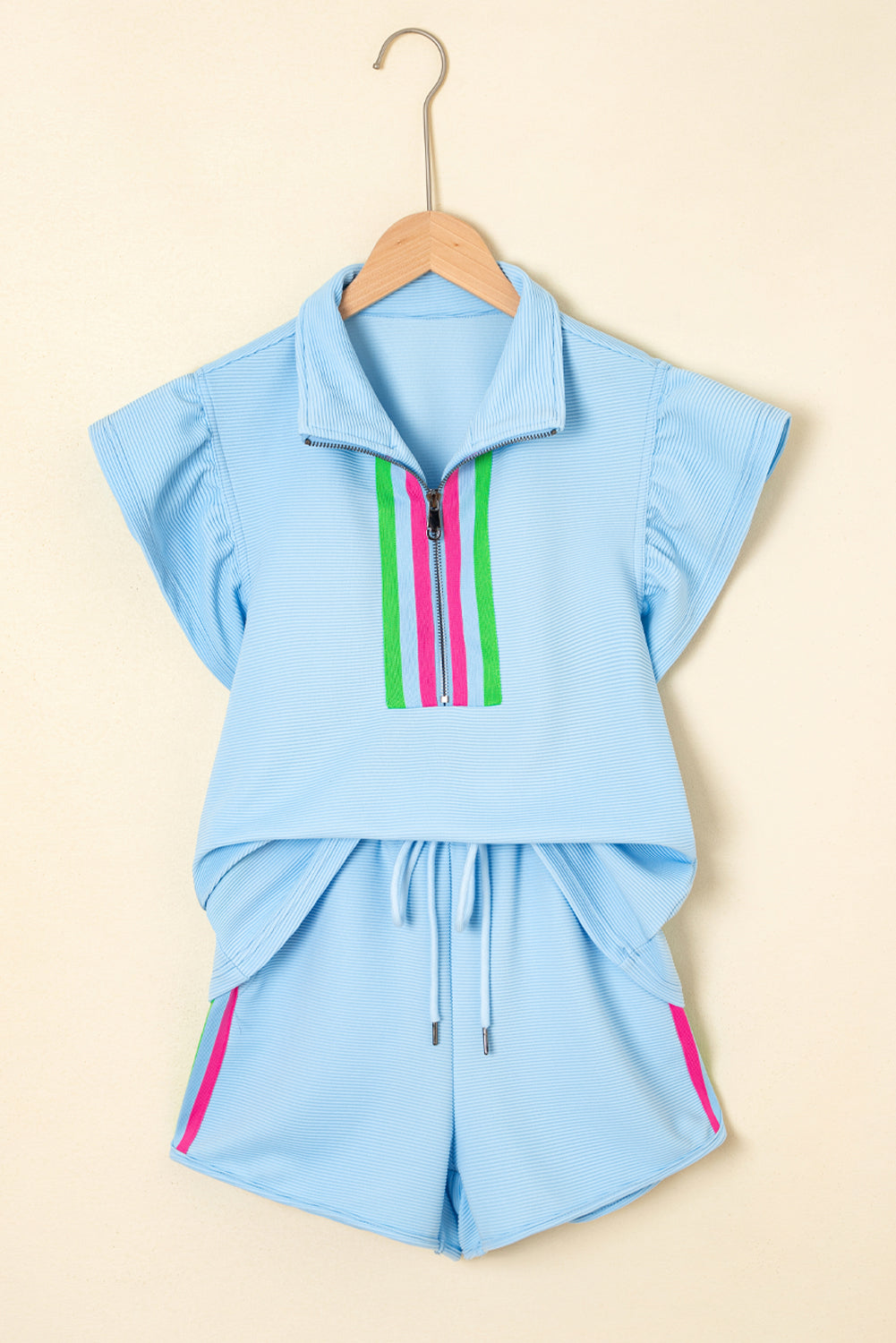Strawberry Pink Striped Detail Flutter Sleeve Zipped Collar Short Set eAura