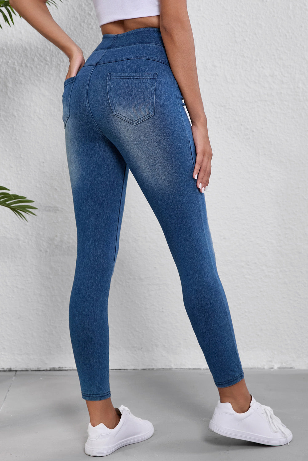 Navy Blue Skinny Elastic Waist Ankle Length Mid Waist Jeggings with Pockets eAura