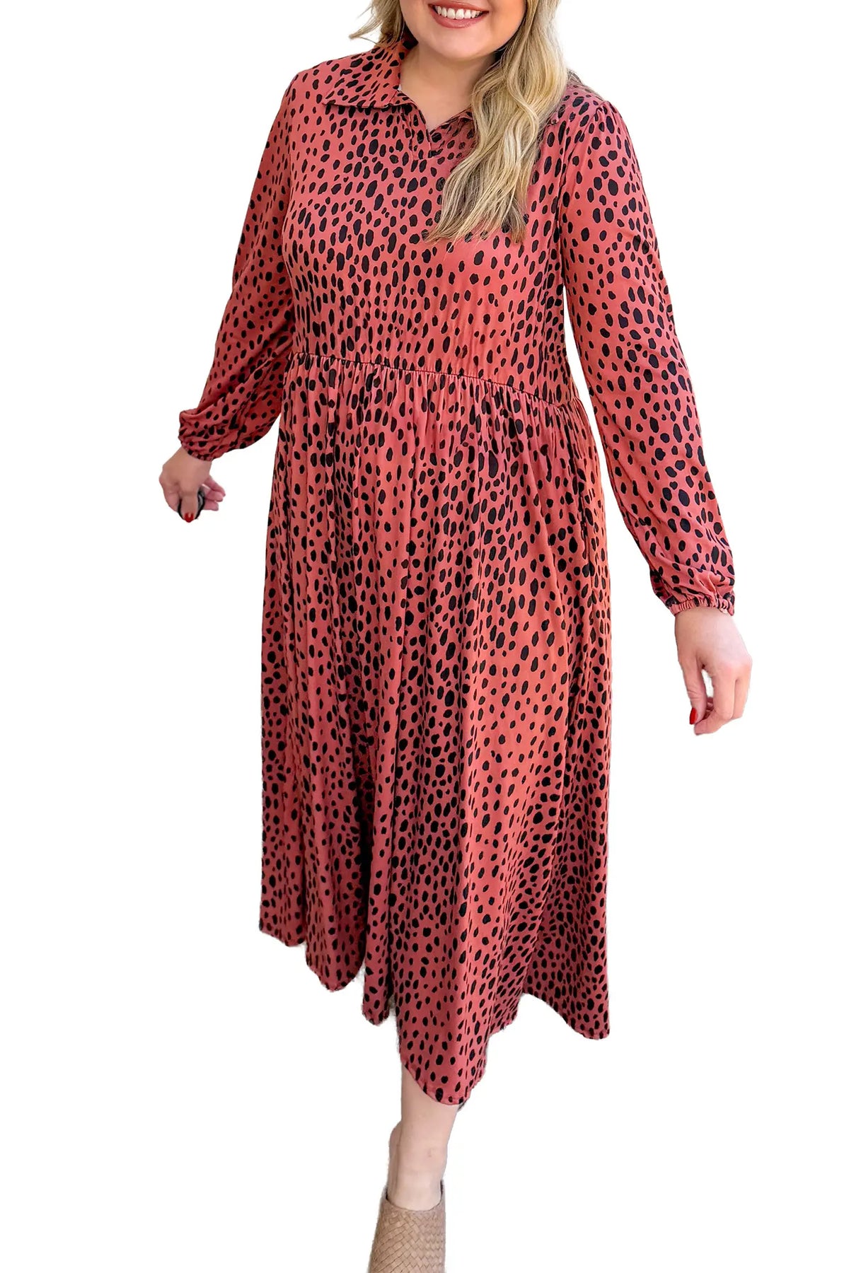 Leopard Print Long Sleeve V Neck Plus Size Midi Dress – Red