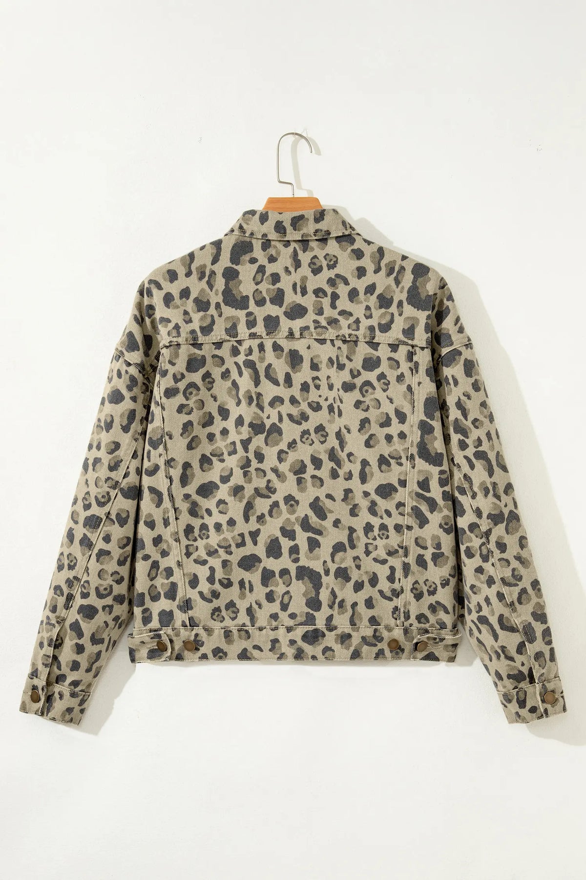 Khaki Retro Leopard Print Seam Detail Button Down Denim Jacket