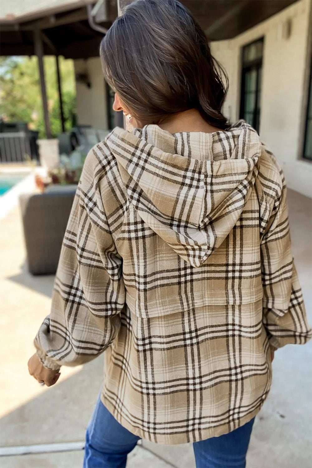 Khaki Printed Zipped Front Pullover Plaid Hoodie eAura