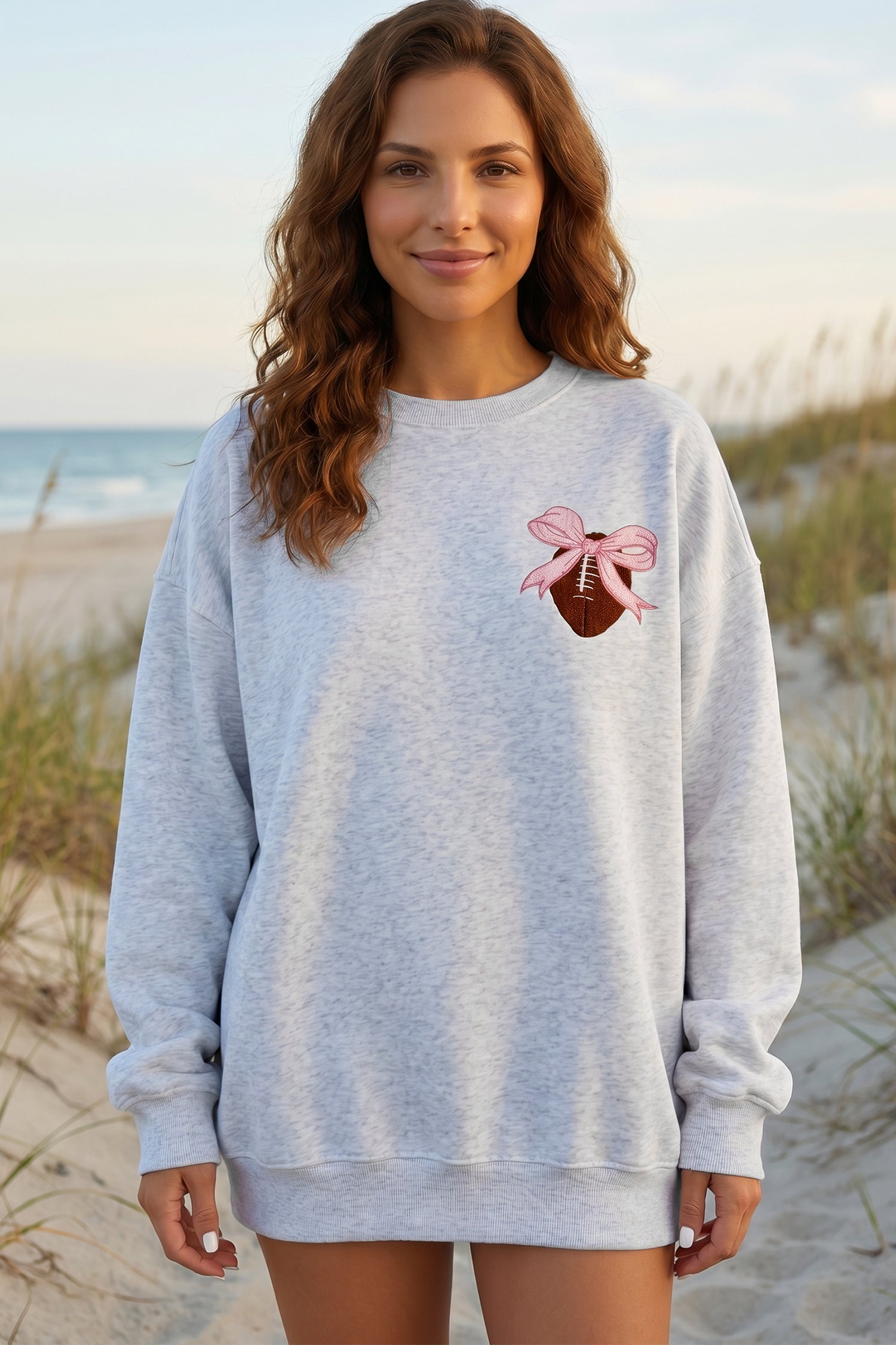 Embroidered Football Bow Back Long Sleeve Sweatshirt – Light Grey