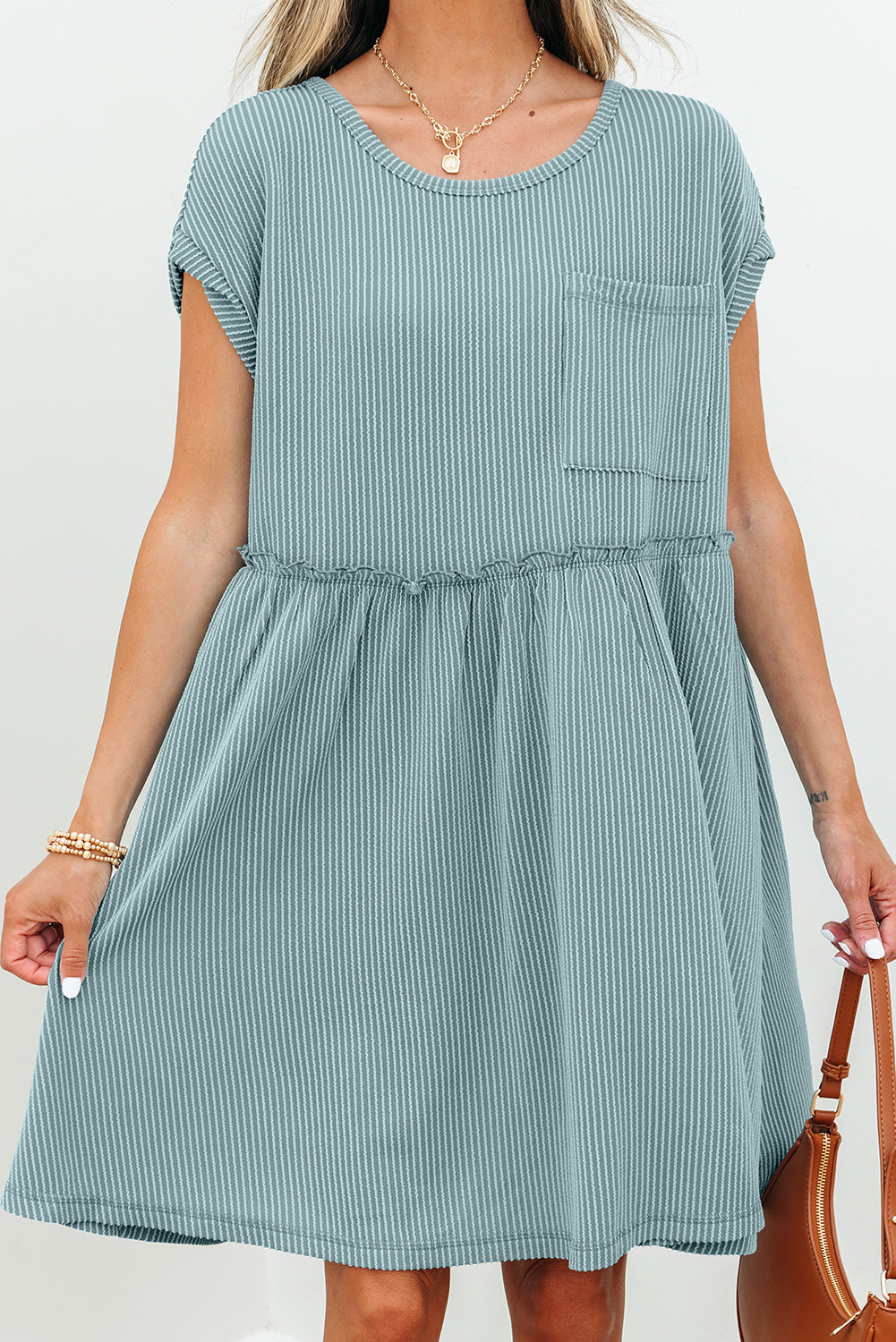 Canton Ribbed Knit Textured Patched Pocket Frilled Swing Mini Dress with Pockets eAura