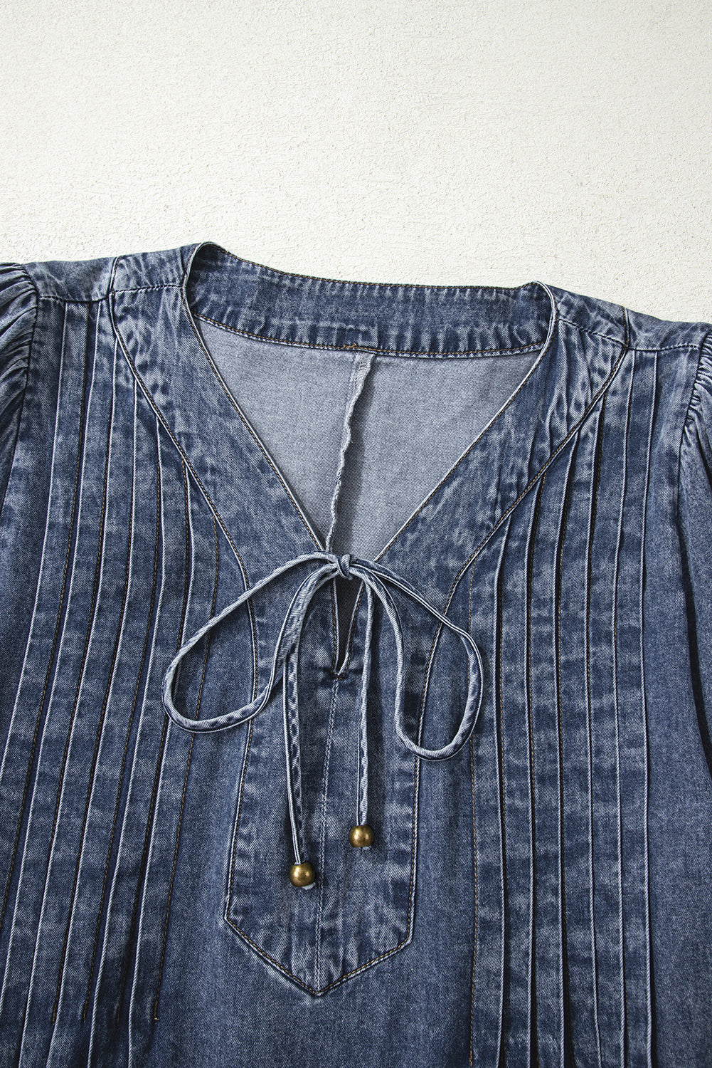 3/4 Sleeve Tied V-Neck Pleated Denim Mini Dress - eAura