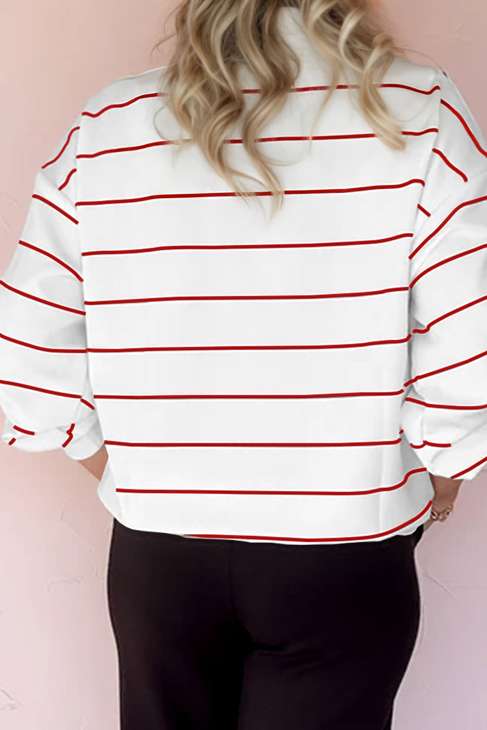 Zip V-Neck Stripe Print Drop Shoulder Long Sleeve Top - eAura